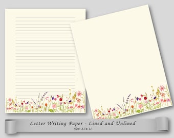 Printable Wildflowers Letter Writing Paper, Digital Download, Printable Stationery, Botanical, A4, Letter, Lined Unlined Notes