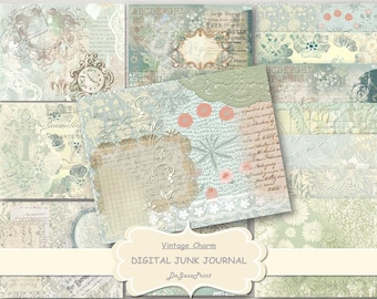 Könnte beinhalten: Ein digitales Junk Journal-Kit mit dem Thema Vintage-Charme. Das Kit enthält 12 digitale Papiere mit verschiedenen Mustern und Texturen, darunter Blumen, Spitze und Schrift. Die Papiere sind in Blautönen, Grüntönen und Weiß.