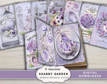 Junk Journal, download digitale, stampabile, shabby chic, viola, giardino, carte vintage, fogli per collage, floreale, farfalla, vintage, pagine di diario