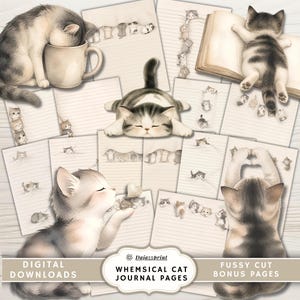 May include: A collection of digital journal pages featuring watercolor illustrations of grey and white tabby kittens in various poses, including sleeping in mugs, resting on open books, and peeking over lined paper edges with text Dajazzprint.