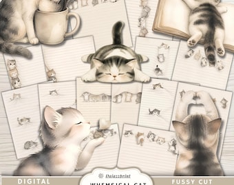 Whimsical Cat Journal Pages, Blank Lined Pages, Cute Cat Junk Journal Printable, Vintage Kitty Ephemera, Fussy Cut, Digital Journal Kit