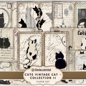 May include: A collection of vintage-style paper cards featuring illustrations of cats. The cards have a distressed, aged appearance with various cat poses, including sitting, climbing, and peeking. The color palette includes black, white, and cream.