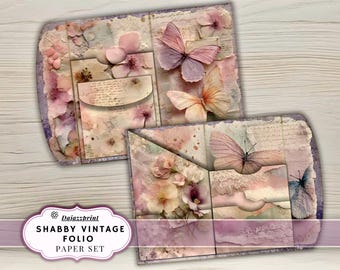 Shabby Vintage Folio Printable, Junk Journal Kit, Shabby Chic Ephemera, Vintage Scrapbook Pages, Digital Download PDF, Floral, Butterflies