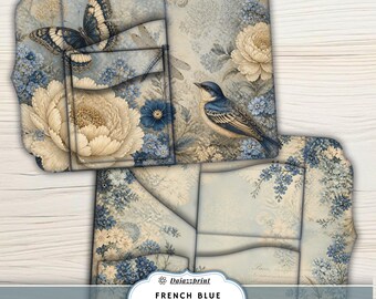 French Blue Garden Folio Kit, Vintage French Blue Printable Journal, Shabby Chic Garden Junk Journal, Cottagecore Ephemera, Digital Folio