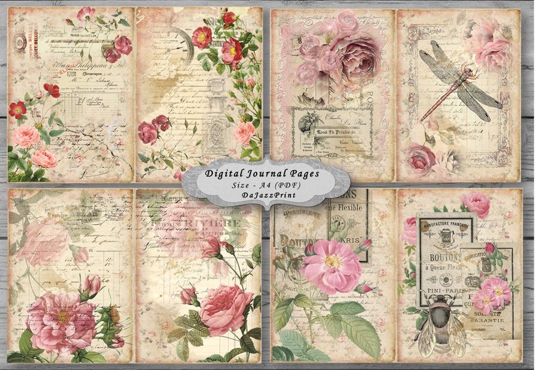Junk Journal, Digital Download, Printable, Shabby Chic, Roses, Papers, Collage Sheets, Vintage, Journal Pages. - Etsy Junk Journal, Digital Download, Printable, Shabby Chic, Roses, Papers, Collage Sheets, Vintage, Journal Pages. - Etsy