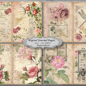 Junk Journal, Digital Download, Printable, Shabby Chic, Roses, Papers, Collage Sheets, Vintage, Journal Pages.