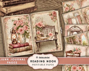 Diario digital de estilo vintage, rincón de lectura, francés, vintage, libros, álbum de recortes de rosas, shabby chic, imprimible, descarga digital