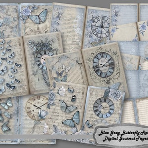Junk Journal, download digitale, stampabile, shabby, blu, carte, fogli collage, floreali, farfalle, vintage, pagine del diario.