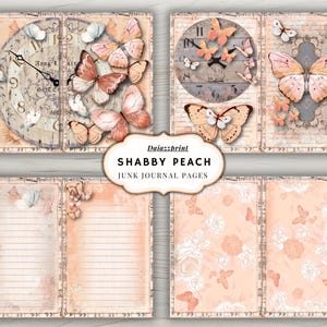 May include: Shabby Peach junk journal pages featuring vintage clock faces and butterflies in shades of peach, cream, and brown. The pages have a distressed, aged appearance with floral and musical note accents.