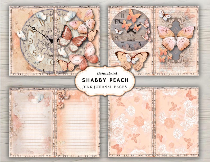 May include: Shabby Peach junk journal pages featuring vintage clock faces and butterflies in shades of peach, cream, and brown. The pages have a distressed, aged appearance with floral and musical note accents.