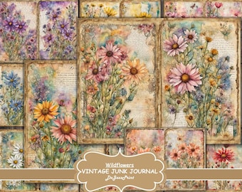 Digital Junk Journal,  Wildflowers,  Vintage, Cards, Vibrant, Shabby Chic,  Printable, Digital Download