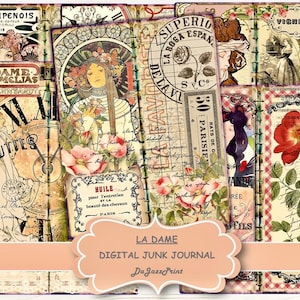 Kit per diario di scarto La Dame, diario alto, sottile, pagine stampabili, francese, effimeri vintage, carta per diario, download digitale