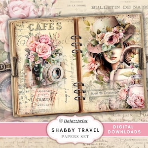 Kit para diario creativo, viajes, vacaciones, cámara vintage, rosas rosas, estilo shabby chic, papeles, descarga digital, imprimible, páginas de diario, álbum de recortes