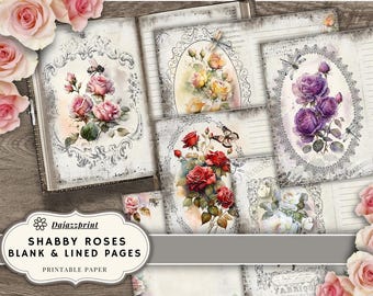 Digital Junk Journal, aquarel, armoedig, blanco gelinieerde pagina's, vintage pagina's, afdrukbaar papier, digitale kit, plakboek, kortstondige, rozen