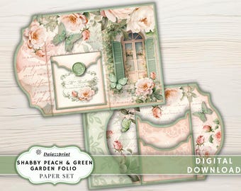 Shabby Peach & Green Victorian Rose Garden Folio Kit, Printable Junk Journal Kit, Vintage Rose Ephemera, Cottagecore Paper Pack, Digital Dow