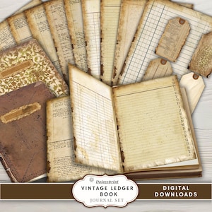 May include: A collection of vintage ledger book pages and journal set. The pages have a distressed, aged appearance with handwritten notes and lined paper. The color palette includes shades of brown, beige, and cream. The text "Vintage Ledger Book Journal Set" is visible.