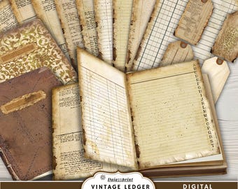 Vintage Ledger Pages, Digital Antique, Printable Vintage Ephemera, Old Junk Journal Pages, Handwritten scrapbook