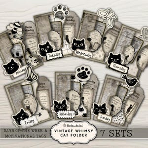 May include: A collection of seven vintage-style paper folders labeled for each day of the week, featuring black cat illustrations, paw prints, butterflies, and motivational text. Each folder incorporates aged document patterns and decorative die-cut tags.