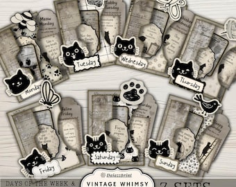 Vintage Whimsy Cat Folder, Days of the Week, Motivational Tags, Cute Vintage Cat Printable Journal Ephemera, Junk Journal Kit