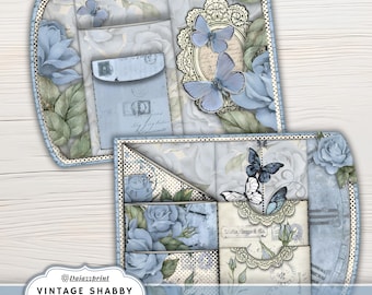Vintage Shabby Blue Folio | Digital Junk Journal | Printable Journal Kit | Blue Roses and Butterflies | Collage, Ephemera, Scrapbook Pages