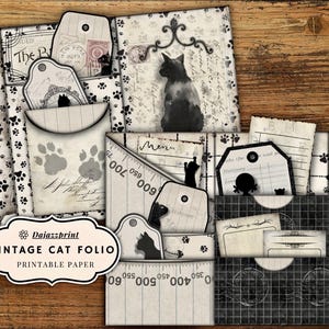 May include: A vintage-style cat-themed paper folio with tags, pockets, and decorative elements. The design incorporates black cat silhouettes, paw prints, and aged paper textures. The folio includes the text "Vintage Cat Folio Printable Paper".