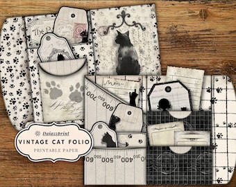 Vintage Cat Pocket Folio Kit, Junk Journal Ephemera, Printable Cat Pockets, Shabby Antique Journal Inserts, Digital Download