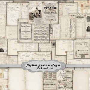 May include: A digital collage of vintage journal pages with handwritten text and illustrations. The pages feature a variety of themes, including travel, music, and business. The pages are in shades of beige, brown, and black.