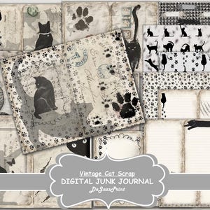 Diario di gatti vintage / Pagine di diario di gatti neri / Creazione di biglietti / Download digitali / Pacchetto di carta / Scrapbooking digitale / Carta neutra