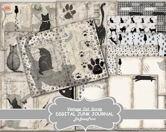 Vintage Cats Junk Journal | Black Cat Journal Pages | Card Making | Digital Downloads | Paper Pack | Digital Scrapbooking  | Neutral Paper