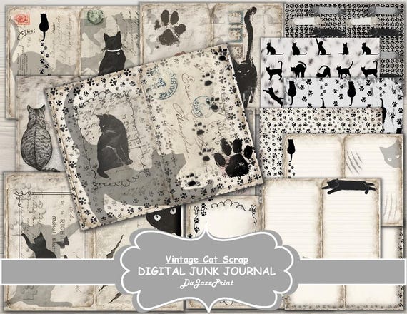 Vintage Cats Junk Journal | Black Cat Journal Pages | Card Making | Digital Downloads | Paper Pack | Digital Scrapbooking  | Neutral Paper