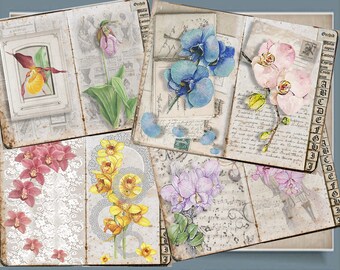 Vintage Junk Journal Pages, Floral Papers Scrapbooking, Botanical Printable, Orchids Journal Papers, Antique Lined Papers, Collage  Flowers