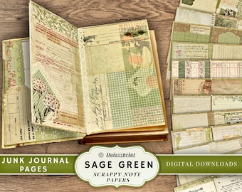 Scrappy Note Papers, Sage Green Paper Pack, Printable Papers, Digital Junk Journal, Scrapbook Papers, Green Junk Journal, Backing Papers