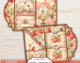 Shabby Strawberry Cottage Folio Kit Printable Junk Journal Kit, Vintage Cottagecore Ephemera, Strawberry Journal, Digital Download PDF