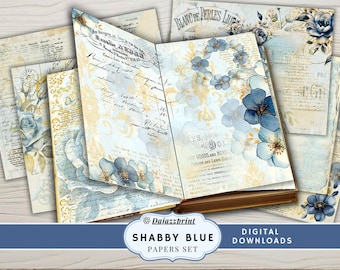 Shabby Blue Printable Paper, Blue Junk Journal Pages, Vintage Journal Paper, Blue Scrapbooking Paper, Digital Download, Floral Journal