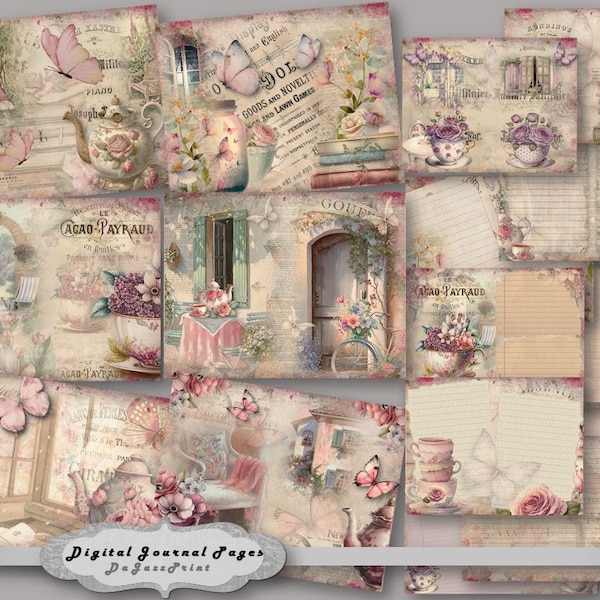 Junk Journal, Teacups, Tea Time, Cottage, Garden, Shabby, Papers, Digital Download, , Printable, Romance, Vintage, Journal Pages, Scrapbook