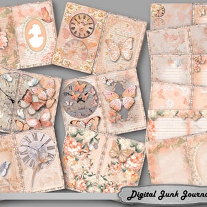 May include: A collection of digital junk journal pages with a vintage aesthetic. The pages feature soft peach and cream tones, with illustrations of butterflies, clocks, flowers, and cameo silhouettes. Some pages have lined areas for writing.