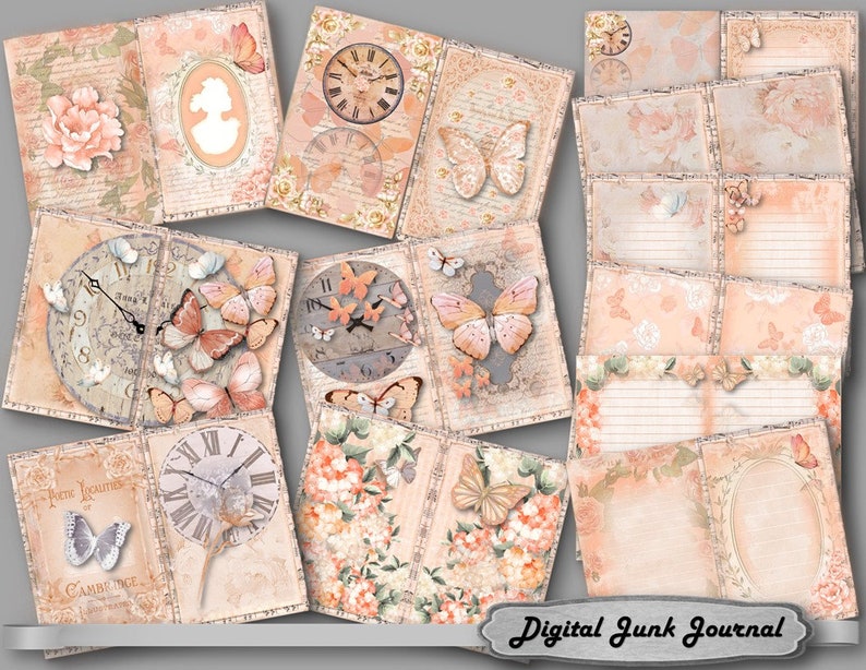 May include: A collection of digital junk journal pages with a vintage aesthetic. The pages feature soft peach and cream tones, with illustrations of butterflies, clocks, flowers, and cameo silhouettes. Some pages have lined areas for writing.
