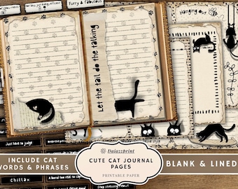 Cute Cat Journal Pages Printable | Blank and Lined Cat Paper With Cat Word & Phrase Embellishments | Kawaii Cat Journal | Digital Download