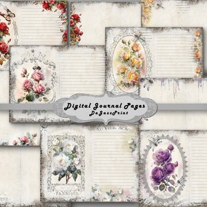 Digital Junk Journal, Watercolour, Shabby, Blank Lined Pages, Vintage Pages, Printable Paper, Digital Kit, Scrapbook, Ephemera, Roses