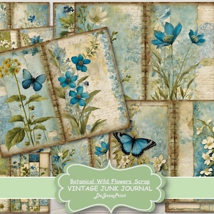 Junk Journal, Vintage Scrap Papers, Botanical, Wild Flowers, Grunge, Backing, Shabby, Blue, Olive, Scrapbook, Printable, Digital Download