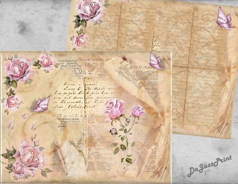 Junk Journal Printable Papers, Vintage Rose, Scrapbooking Antique Papers, Collage Papers, Shabby ...