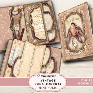 Digital Junk Journal, Vintage Folio, Bird, Floral, Pockets, Folder, Shabby, Pink, Insert, Kit, Download, Printable