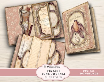 Digital Junk Journal, Vintage Folio, Bird, Floral, Pockets, Folder, Shabby, Pink, Insert, Kit, Download, Printable