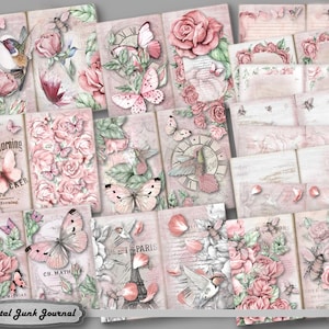 Diário de lixo, download digital, para impressão, surrado, rosa, papéis, folhas de colagem, floral, rosas, vintage, páginas de diário