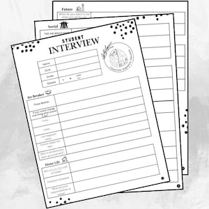 May include: Black and white student interview template with sections for name, date of birth, grade, glasses, ice breaker, three wishes, and home life. The template includes a brain graphic with the text "Connection, Regulation, Inspiration".
