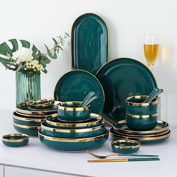 Ceramic Dinner Plates Dinnerware Set Dishes Luxury Green Etsy