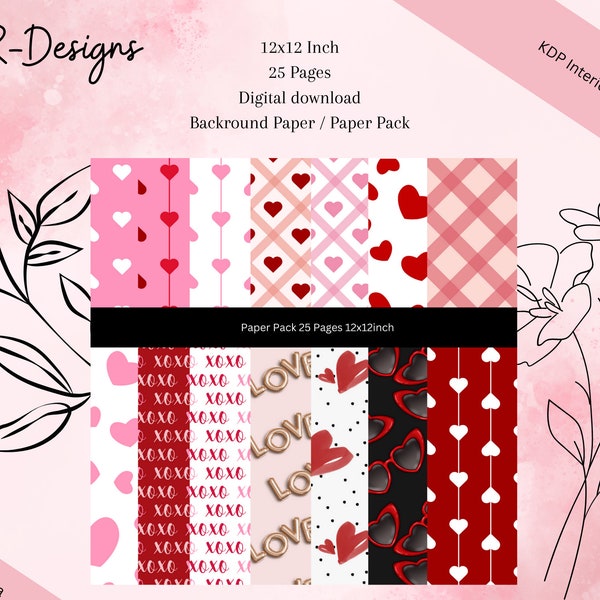 Sweet Love and Heart Digital paper Pack with 25 pages in 12x12 inch / Backround Paper