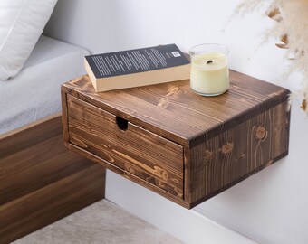 Walnut Colored Floating Nightstand | Wood Bedside Shelf | Floating Nightstand with Drawer for Bedroom Handmade Floating Table Gift for Home