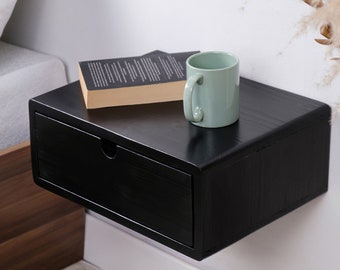 Black Colored Floating Nightstand | Wood Bedside Shelf | Floating Nightstand with Drawer for Bedroom Handmade Floating Table Gift for Home
