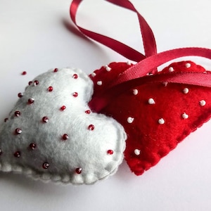 Felt Christmas heart ornament, Valentine&#39;s day decor, red and white Christmas tree decor, Wedding love ornament